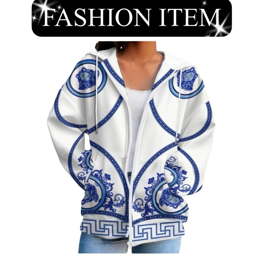HOODIE JACKET: White w/Blue Detailing, NWOT - Picture 1 of 12